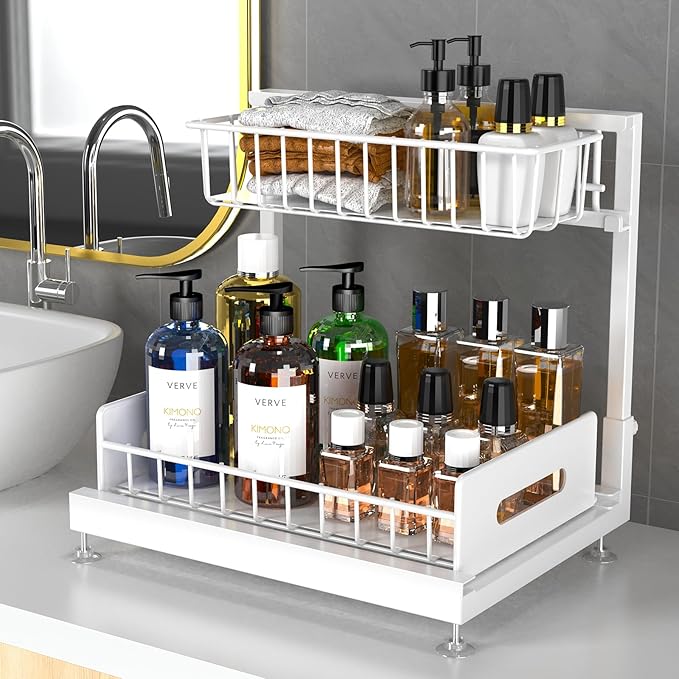 Dataroad Under Sink Organizers And Storage Pull Out Cabinet Organizer 2 Tier Sliding Out Drawer,Under Kitchen Sink Organizer Shelf,Adjustable Counter Organization for Kitchen Pantry Cabinet,White