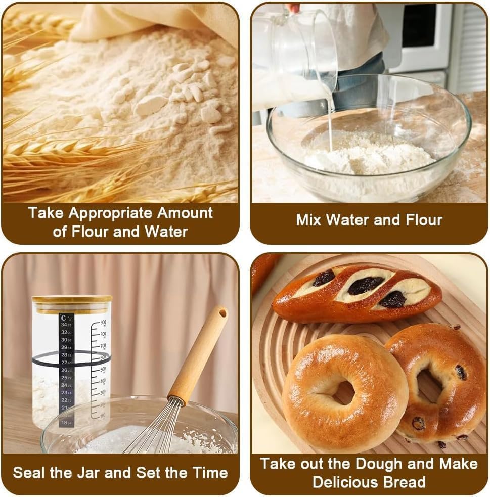 BRIRILINE Pro Sourdough Bread Starter Kit - 34 oz sourdough jar with 5 unique features for the perfect sour dough bread & sourdough starter kit - baking supplies (34oz-4pack)