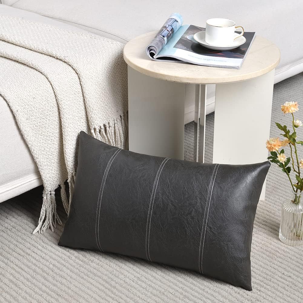 Fancy Homi Dark Gray Lumbar Waterproof Faux Leather Decorative Throw Pillow Covers 12x20 Inch for Outdoor Couch Bed, Modern Farmhouse Boho Home Decor, Grey Hand Stitched Cushion Case 30x50 cm