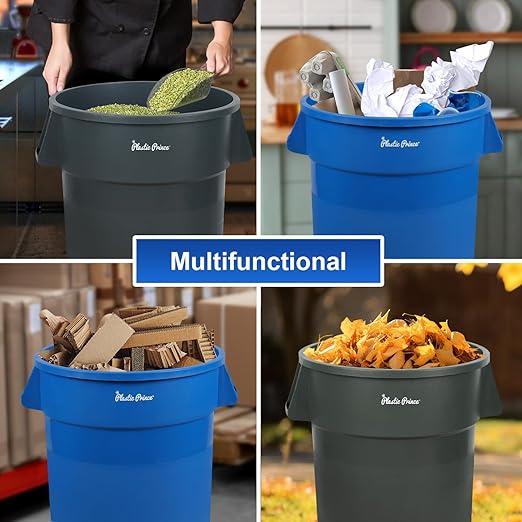 PLASTIC PRINCE 32 Gallon Round Trash Can with Lid and Dolly Gray Plastic Commercial Garbage Container for Home Garage Restaurants Warehouses - Bundle