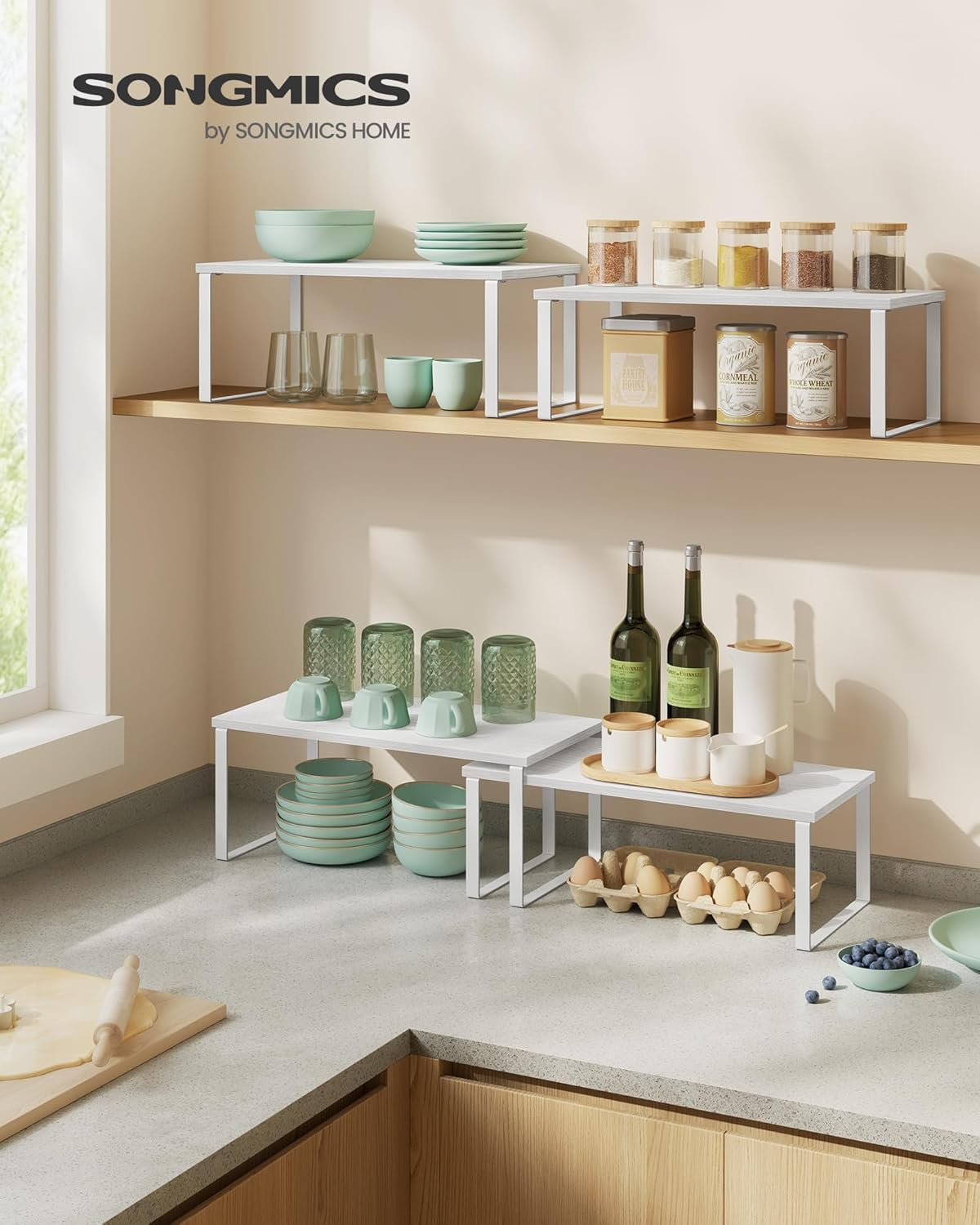 SONGMICS Cabinet Organizer Shelf, Set of 2 Kitchen Counter Shelves, Kitchen Storage, Spice Rack, Stackable, Expandable, Metal and Engineered Wood, Cloud White and Snow White UKCS025W01