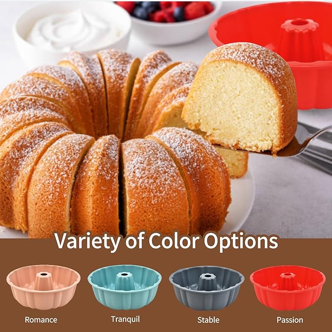 PADELE 2 Pack Silicone Cake Pan Nonstick,10 Inch, Silicone Cake Molds,Pound Cake Pan, Baking for Jello,Gelatin,Cake,Brownie and Bread (Red+Grey)