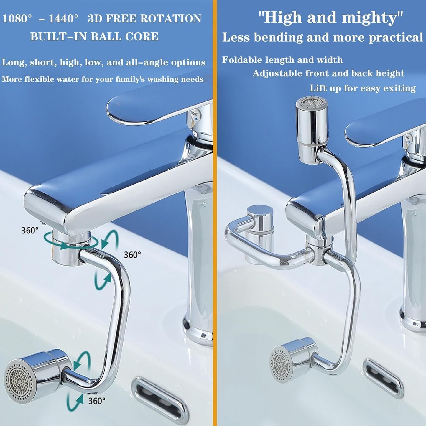 Universal Sink Faucet 1440° Rotatable Faucet Aerator Extension, U Shaped Faucet Extender, 360° Rotating Faucet Extender for Bathroom Sink/Kitchen, Sink Faucet Extender, 2 Modes Adjustable(Silver)