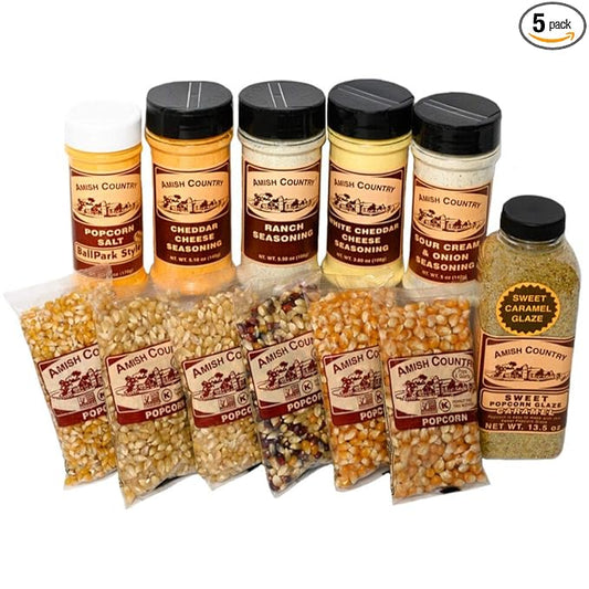 Amish Country Popcorn | 6-4 oz Bags | Variety Popcorn Kernel Set with Toppings | Old Fashioned, Non-GMO and Gluten Free