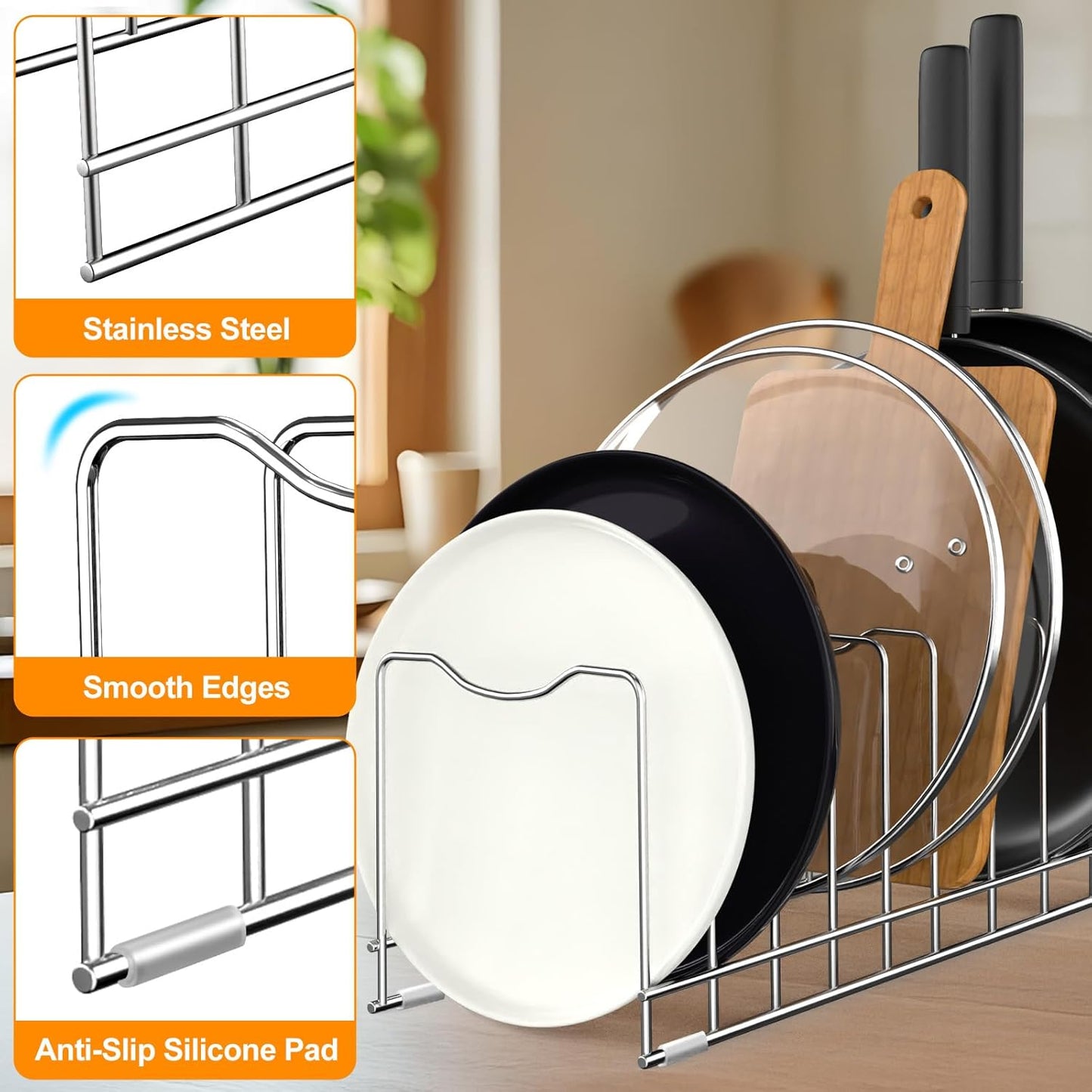 FLSEPAMB Pot Lid Organizer Pan Lid Organizer Kitchen Pot Lid Rack Suitable for Bakeware Dish Plate, Cutting Boards, Pots & Pans, Serving Trays, Reusable Holder (2 Pack)