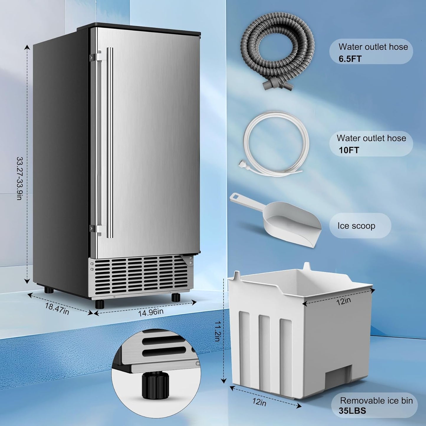 Under Counter Ice Maker, 95Lbs/Day with 35lbs Storage Bin, 40Pcs Cubes in 10Mins, Reversible Door, Built in Ice Machine for Home Office Commercial