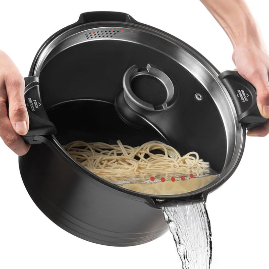 ACTIV CUISINE 5qt Pasta Pot with Strainer Lid, Cast Aluminum Stockpot Multipot, Nonstick Ceramic Coating make Cleanup easy with Tempered Glass Lid, Dishwasher Safe, Induction, Black