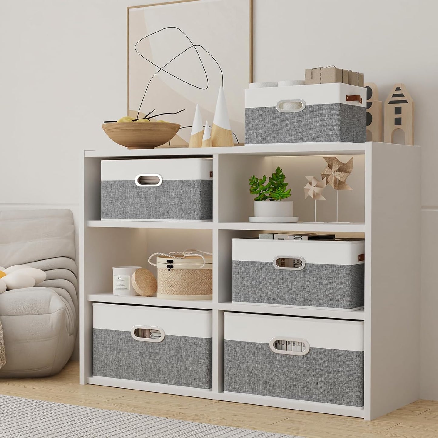 Yawinhe Fabric Storage Baskets, Foldable Closet Organizer for Shelves, Large Boxes with 3 Handles, Canvas Bins for Clothes, White/Grey, 12.99''Lx9.05''Wx7.87''H, 4-Pack