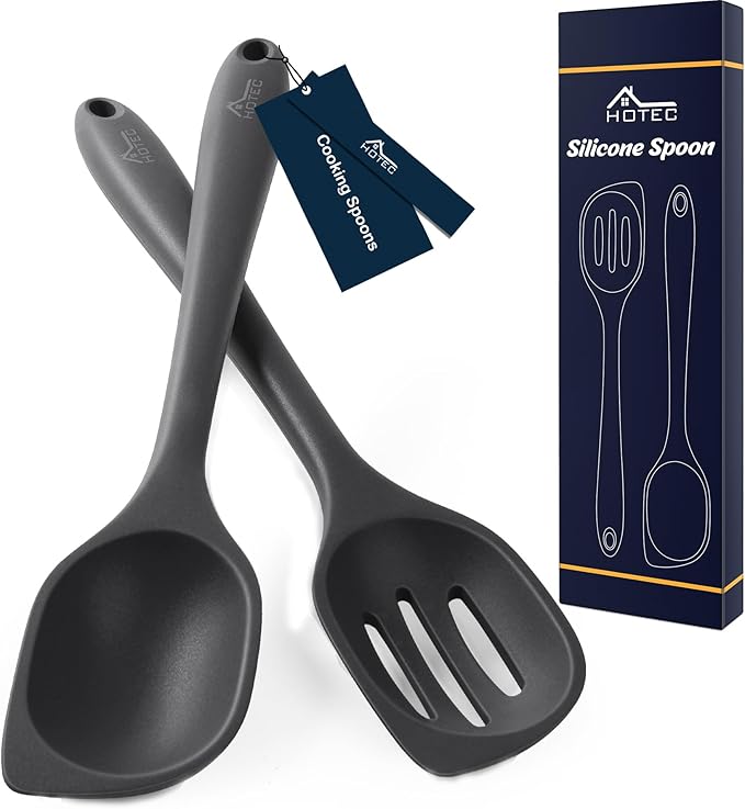HOTEC Heat Resistant Silicone Cooking Spoon Spatula, Large Kitchen Solid and Slotted Spoons for Mixing, Serving, Scraping, Non-stick, Dishwasher Safe Black 12.5inch
