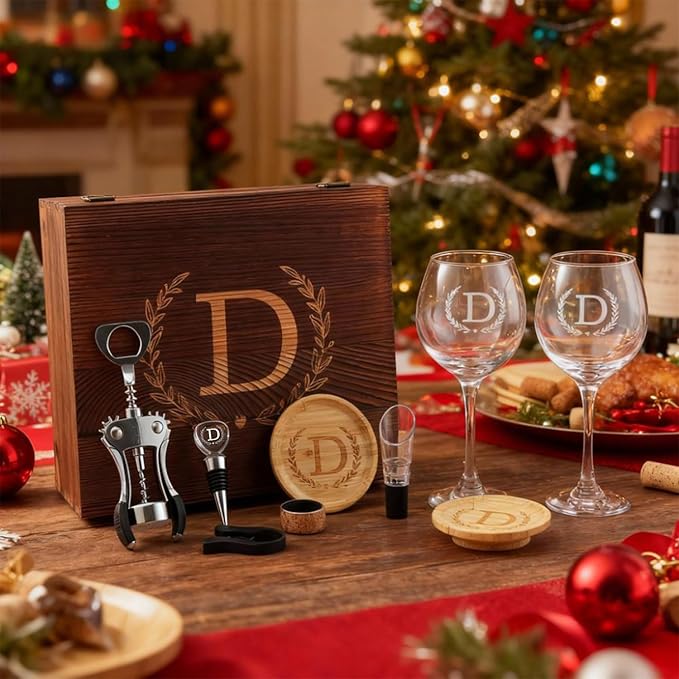 GZLDGIFTS Personalized Initial Wine Glasses Box Gift Set For Women Mom Engraved Birthday Monogrammed Wooden Christmas Gifts Wedding Anniversary Wine Couples Stopper Opener Initial Letterr (T Set)