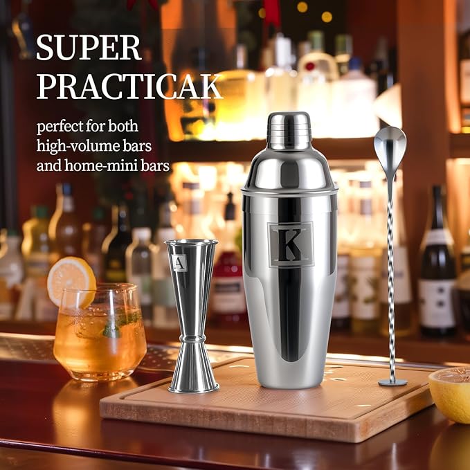 24oz Cocktail Shaker Set with 1 oz 2oz Jigger - Monogramm Initials Martini Shaker Set - 304 Stainless Steel Bar Shaker for Margarita,Mojito-Personalized Gift for Friend,Husband-K