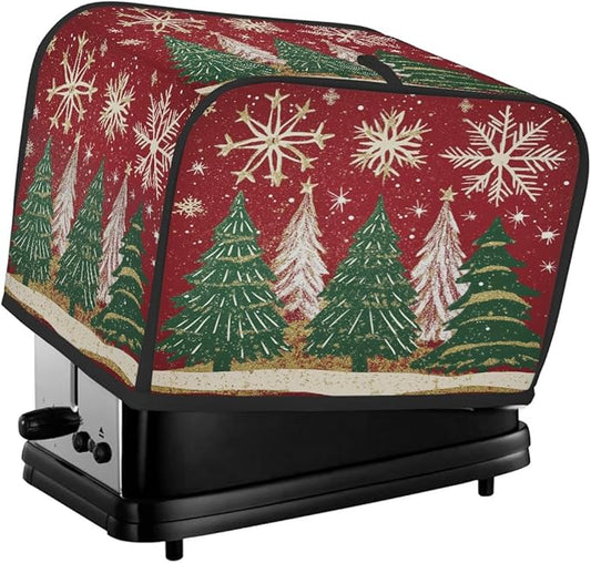 4 Slice Toaster Cover,Christmas Tree Snowflakes on Red Small Kitchen Appliance Bread Machine Cover with Pockets,Dust & Fingerprint Protection