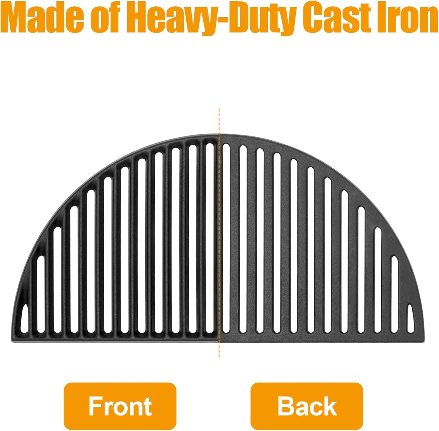 BBQ-PLUS 18" Half Moon Cast Iron Reversible Cooking Grate for Kamado Joe KJ-23RHC Classic II, KJ23NRHCI Classic III, KJ23RH Classic I, Stand-Alone Classic, Large Big Green Egg