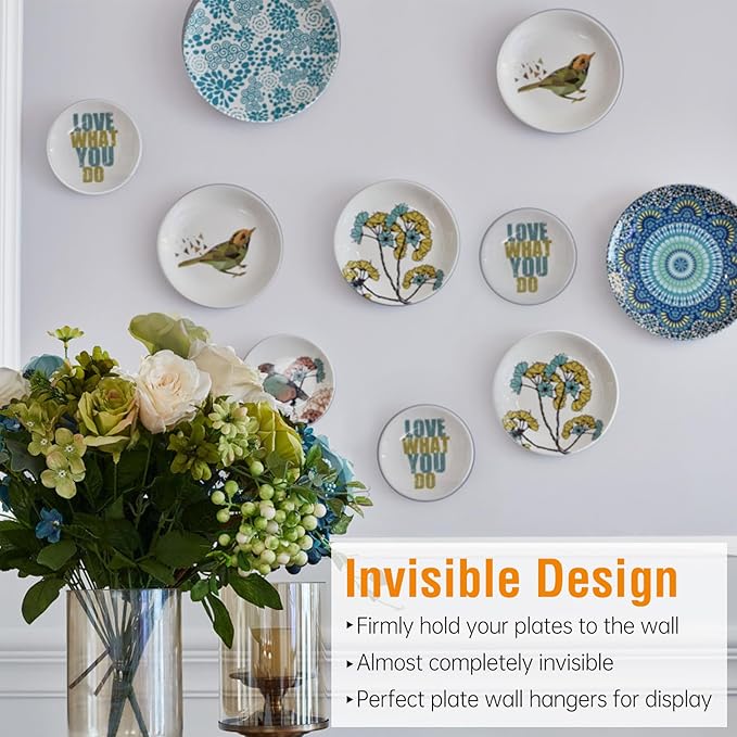 Bilillo 12 Pieces Invisible Wall Plate Hangers 10/12/14 Inches Wall Plate Hangers Stainless Steel Decorative with 12 Pieces Hook with Nails Suitable for 8-16 inch Decorative Antique and Arts(Gold)