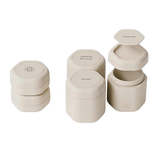 Cadence Travel Containers - Core Skincare Set - Magnetic Containers with Lids,2 Small (0.56oz) & 3 Medium (1.32oz) - Cleanser, Moisturizer, Serum, Makeup Remover & Sun Icon Labels - Sand