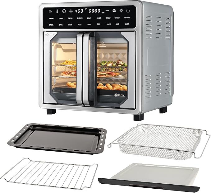 Kitchen Elite 16 Quart French Door Air Fryer Oven – Family Size Countertop Convection Cooker with LED Display, Stainless Steel