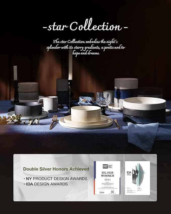 Famiware Star Stoneware Dinnerware Sets for 4 (16pcs), Chip and Scratch Resistant, Microwave & Dishwasher Safe Complete Dishes, Pasta Bowl, Cereal Bowl, Dinner Plate, Salad Plate, Ribbed, Deep Forest