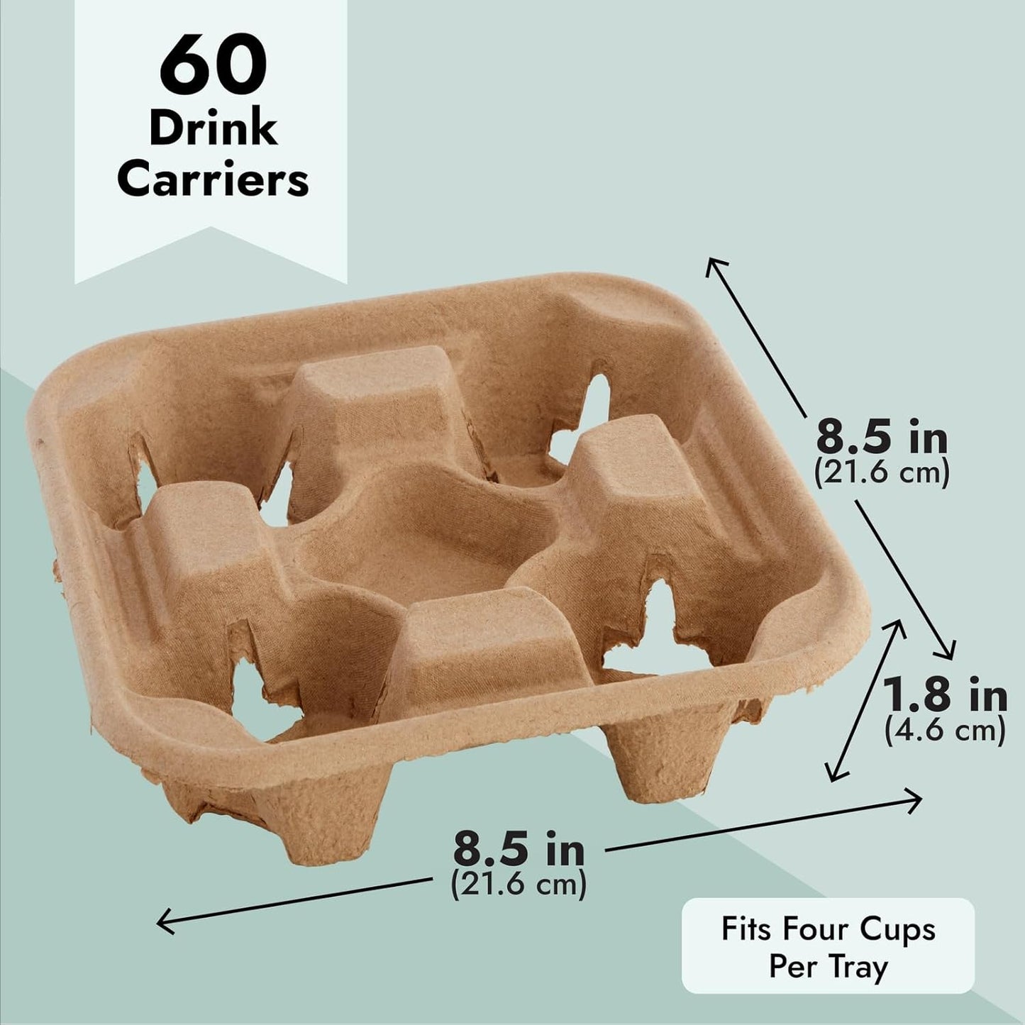 Okuna Outpost Paper Drink Carrier - 8.5 x 8.5 x 1.8 in, Brown, 60 Pack - 4 Cup Holder Coffee Tray & Drink Tray - No-Spill Design for Hot & Cold Beverages