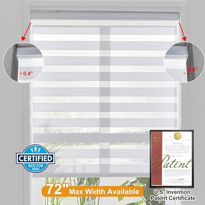 Persilux Cordless Zebra Blinds for Windows, Roller Shades for Windows (51" W x 72" H, White) Dual Layer Fabric for Day and Night,Room Darkening Shades for Home, Office, Bedroom and Living Room