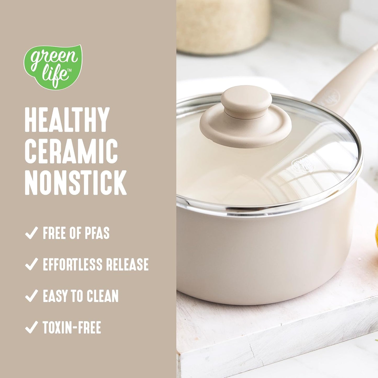 GreenLife 2 Quart Ceramic Nonstick Saucepan with Lid, PFAS-Free, Stay-Cool Handle, Multipurpose Kitchen Cooking Pot, Dishwasher & Oven Safe, Taupe