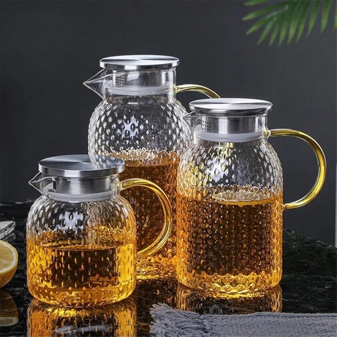 Cold kettle Glass Water Pitcher with Filter Lid and Pouring Spout Heat Resistant Glass Carafe for Hot Cold Beverages Homemade Ice Tea Bottle Water Pitcher Set for Hot/Cold Water(1L)