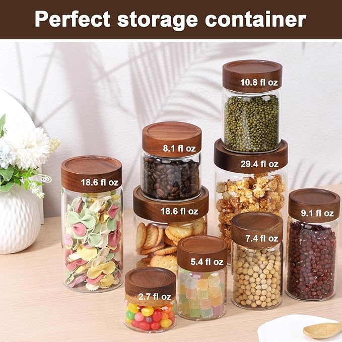 Coffee Jar with Wood Lid, 2 Pack 7oz 220ml Glass Canister with Wooden Airtight Lids, Empty Food Storage Containers, Screw Top Glass Mason Jars for Spice, Sugar, Tea, Oatmeal, Salad, Beans, Nuts
