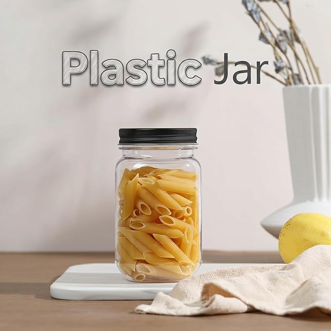 novelinks 16 oz Clear Plastic Jars with Lids, Refillable 16oz Mason Jars with Lids & Storage Containers for Kitchen & Household Use (15 Pack,Black)