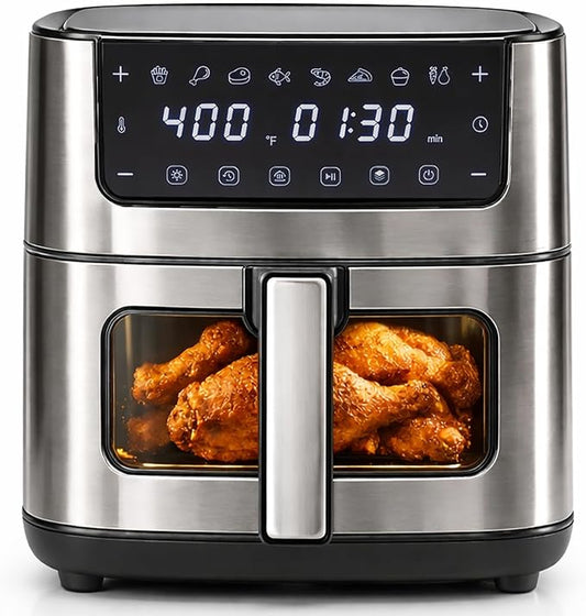 Simple Deluxe 8-in-1 Air Fryer 6.34 Qt, Digital Preset Airfryer with Visible Window, Nonstick and Dishwasher-Safe Basket, Air Fry, Chicken, Pizza, Dehydrate, Fries, 90-Min Timer, 1700W, Black