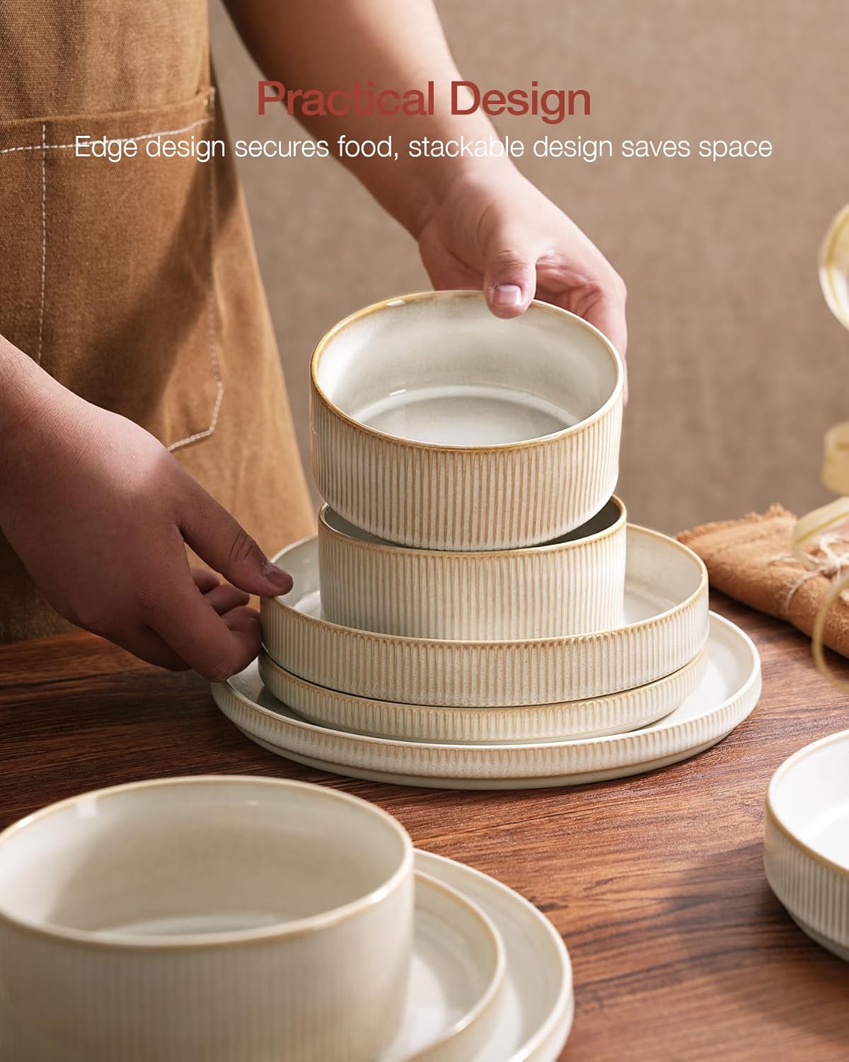 Famiware Star Dinnerware Sets, Plates and Bowls Set for 4, 12 Pieces Ribbed Dishes - Chip and Scratch Resistant, Microwave and Dishwasher Safe Tableware, Cappuccino White