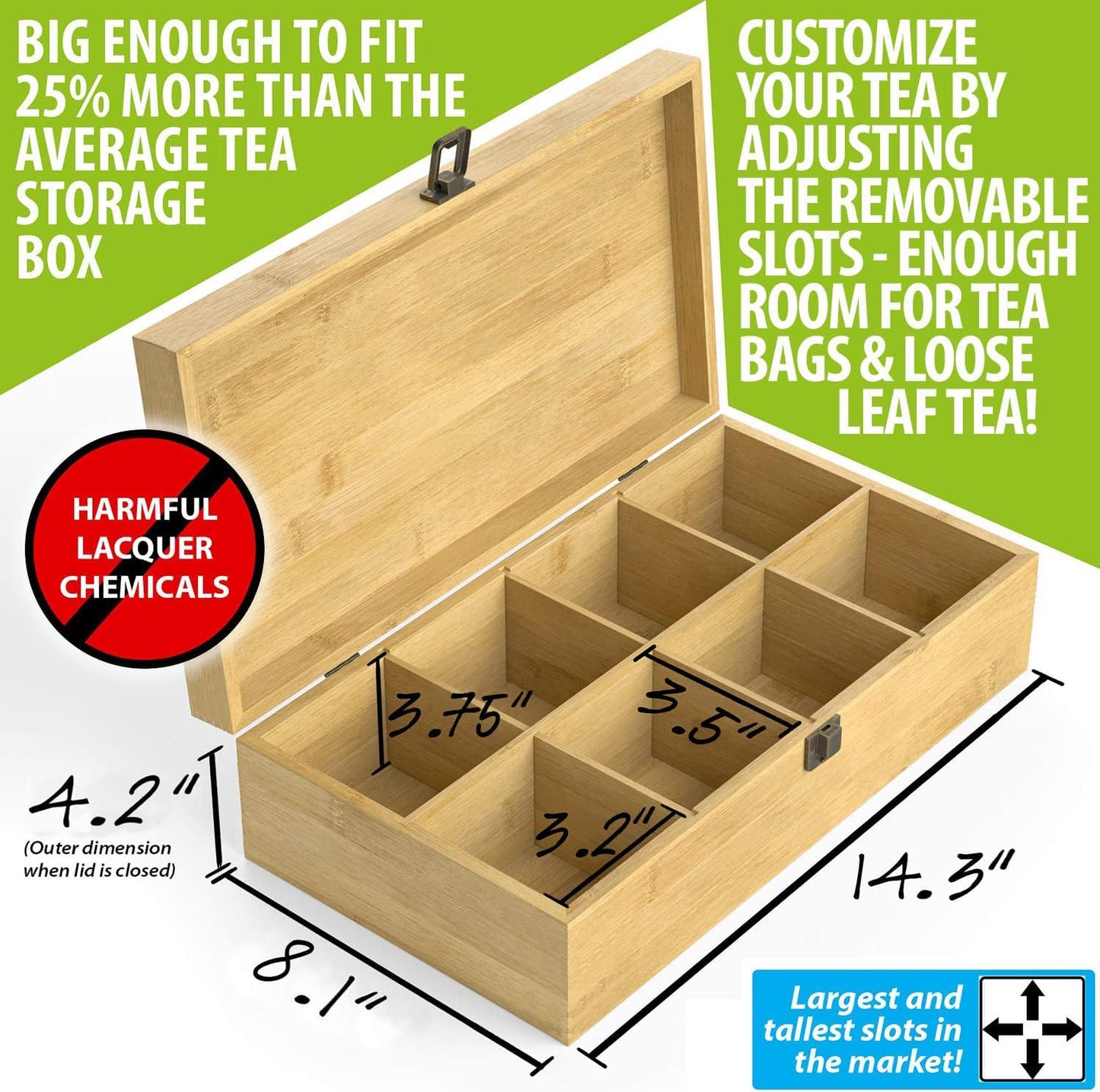 Bamboo Tea Organizer Box Chemical Free Eco-Friendly Big, Tall, Adjustable Cubbies Natural Wooden Storage Chest (8-Slot 14.3" x 8.1" x 4.2" Blank)