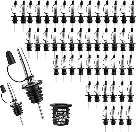 48-Pack Liquor Bottle Pourers with Adapters, Liquor Pour Spout Adapters set for for Large Olive Oil Bottles and Liquor Bottles - Up to 1 Inch/25mm Neck Converts Spout into a Large Pour Spout,Sliver