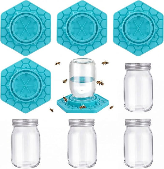 4 Pack Bee Feeder for Mason Jar Bee Watering Station Garden Silicone Sugar Water Feeder Beekeeping Drinking Equipment Tools with Mason Jars for Drinking Water(Teal)