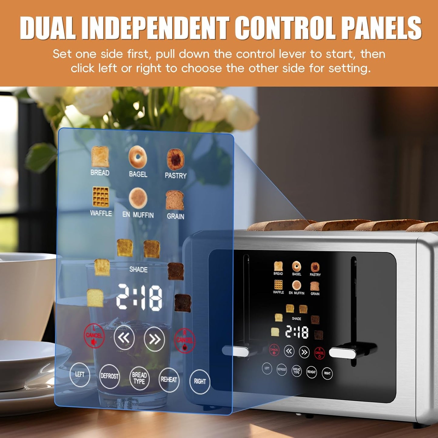 4 Slice Toaster, Touchscreen & Dual Independent Control Panel，5 Basic Functions & Digital Countdown Toasters, 6 Shade Settings＆6 Bread Types, Smart Bread Maker Mute/Screen-Off,Platinum