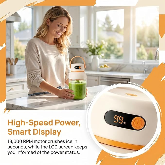 Portable Electric Juicer Cup with Zero Cord Hassle,Rechargeable Personal Blender,Digital Display,Power off when the lid is opened,2600mAh battery capacity for Gym, Office, Outdoors (1000ml)