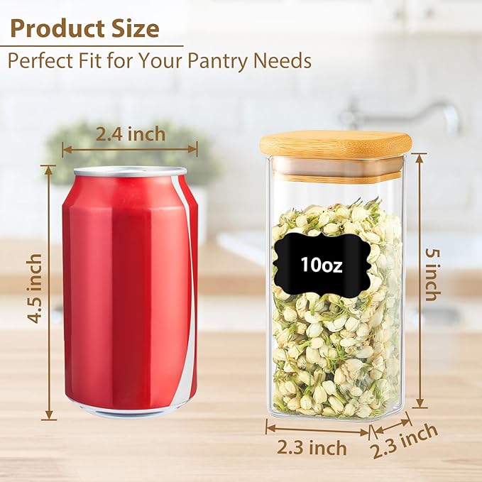 TBWIND 12 Pack 10 oz Square Glass Spice Jars with Lids and Labels – Airtight Small Spice Containers Set, Clear Glass Storage Jars for Seasoning, Spices, Kitchen Pantry Organization