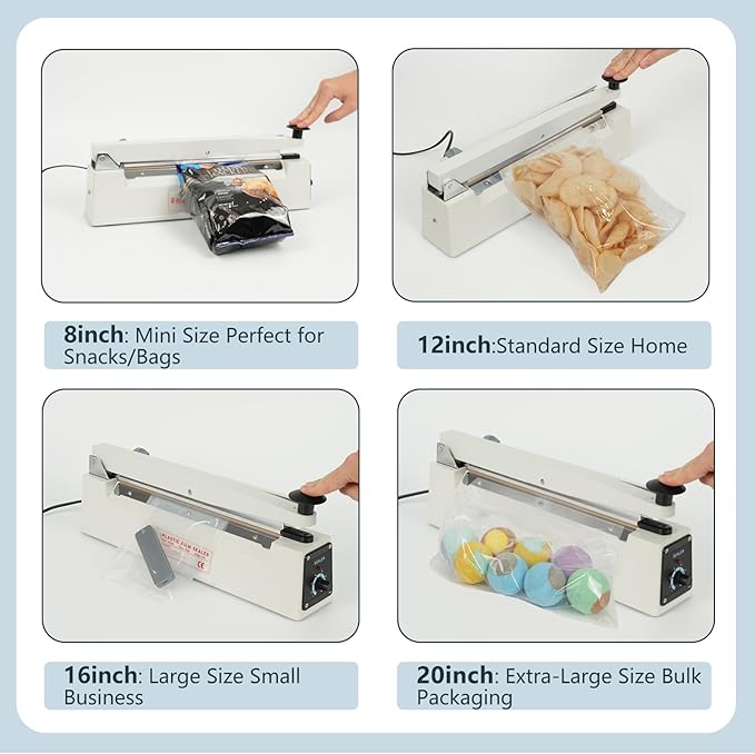 Impulse Heat Sealer with Sealing Bar: Heavy-Duty Bag Sealer with Extra Cutting Blade (White, 8-Inch)