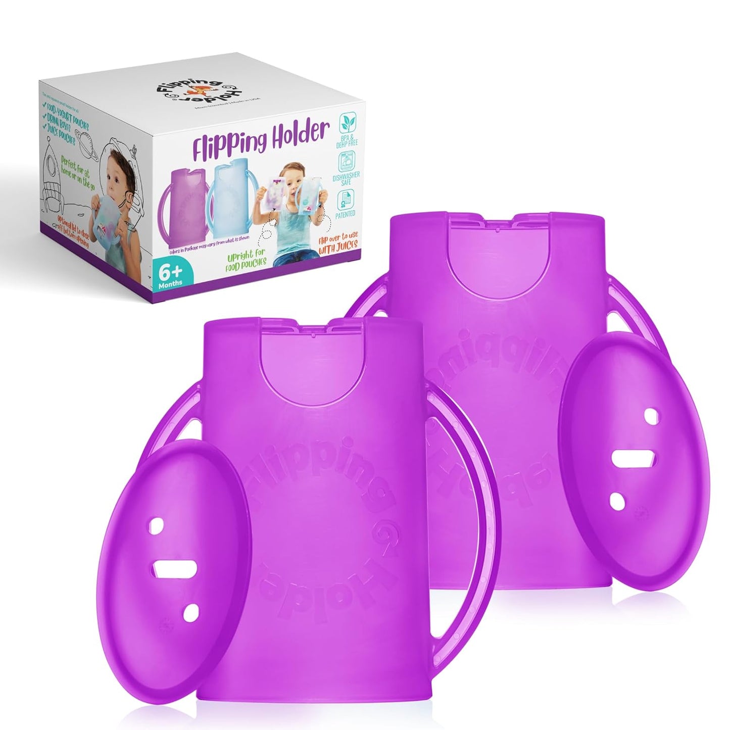 Squeeze Proof Food Pouch Holder for Toddlers, Babies, Kids, Mess Free No Squeeze Juice Box Drink and Applesauce Snack Holder with Easy Grip Handles and Lid