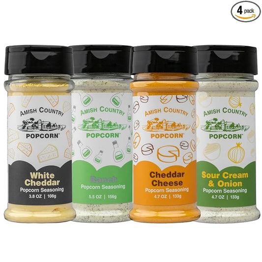 Amish Country Popcorn | Seasoning Variety Pack | 4 Bottles | White Cheddar - Cheddar Cheese - Sour Cream & Onion -Ranch | Nut Free | Old Fashioned, Non-GMO