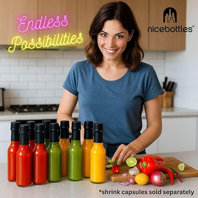 nicebottles Hot Sauce Bottles with Black Caps & Shrink Bands, 5 Oz - 24 Pack