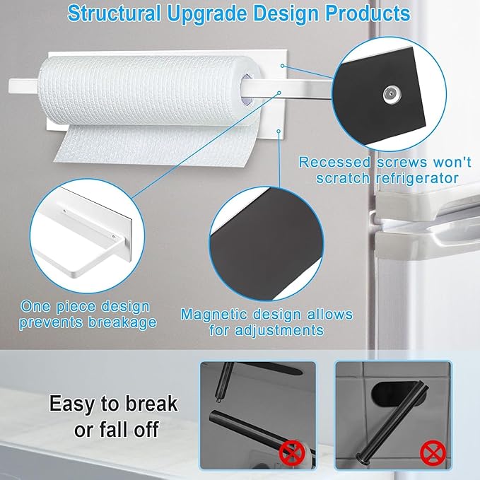 Magnetic Paper Towel Holder for Fridge, Toilet Paper Roll Holder Magnetic Paper Towel Rack Wall Mount Fridge Organizer for Papers Towels Roll Bathroom Toilet Garage RV Decor Kitchen Organization White