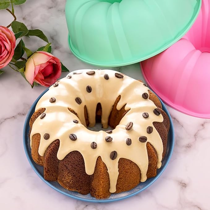 HUAKENER 10 Inch Fluted Cake Pan (2 Pack) - 12 Cups Nonstick Fluted Tube Pan, Large Size Silicone Baking Molds for Cake, Brownie, Cornbread