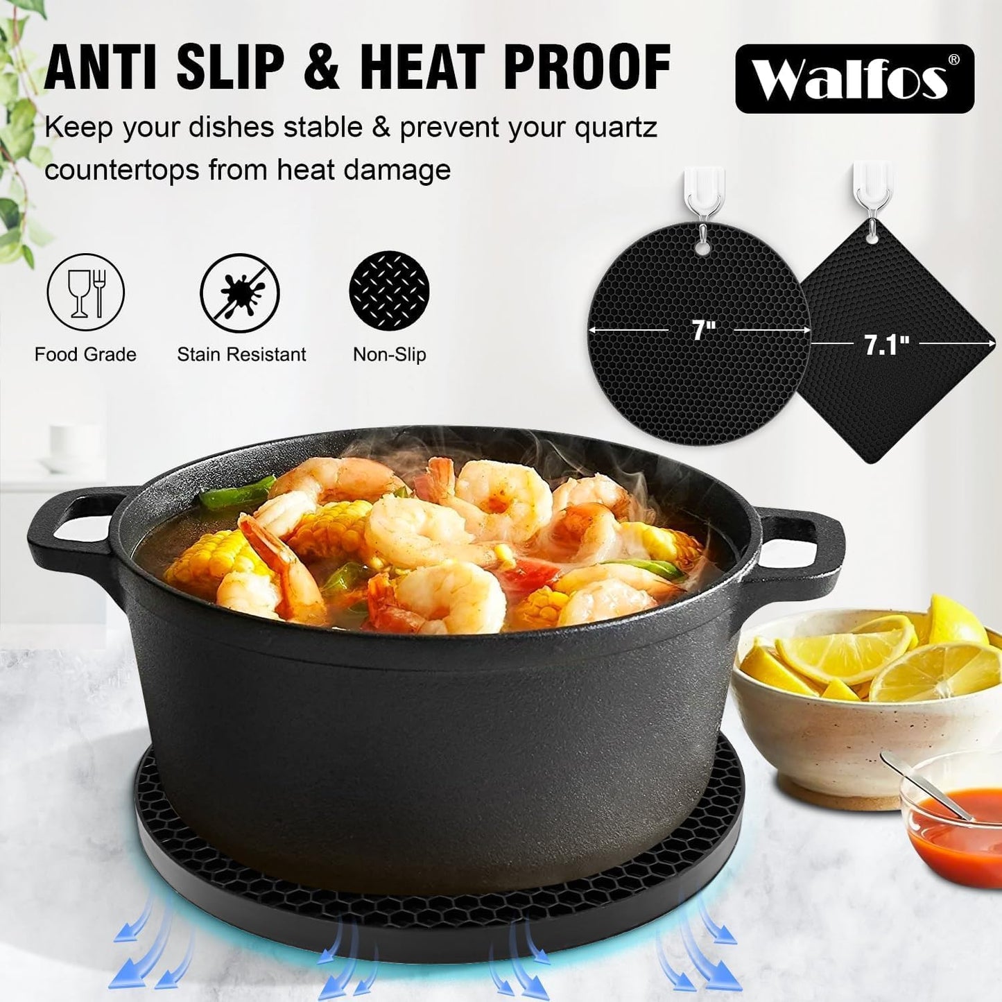 Walfos XXL Silicone Trivet 16 Inch and Round & Square Trivets 7 Inch, Trivets for Hot Pots and Pans, Heat Resistant Pot Holders Hot Pads for Kitchen Quartz Countertops, Hot Dishes, 5 Pack