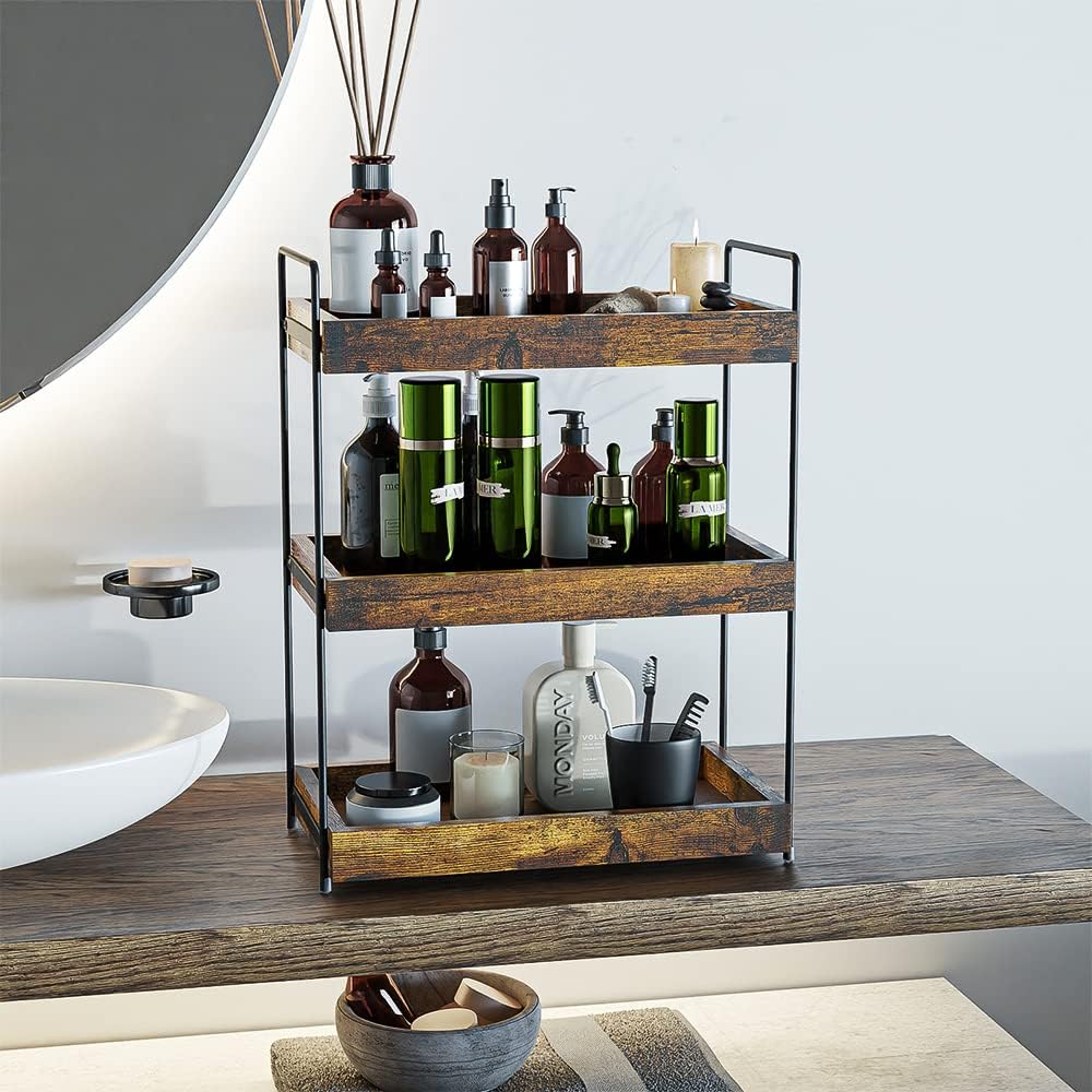 Bathroom Counter Organizer, 3-Tier Wood Spice Rack Organizer for Kitchen Counter, Vanity Skincare Organizers Shelf for Bathroom Storage Organization, Rustic Brown