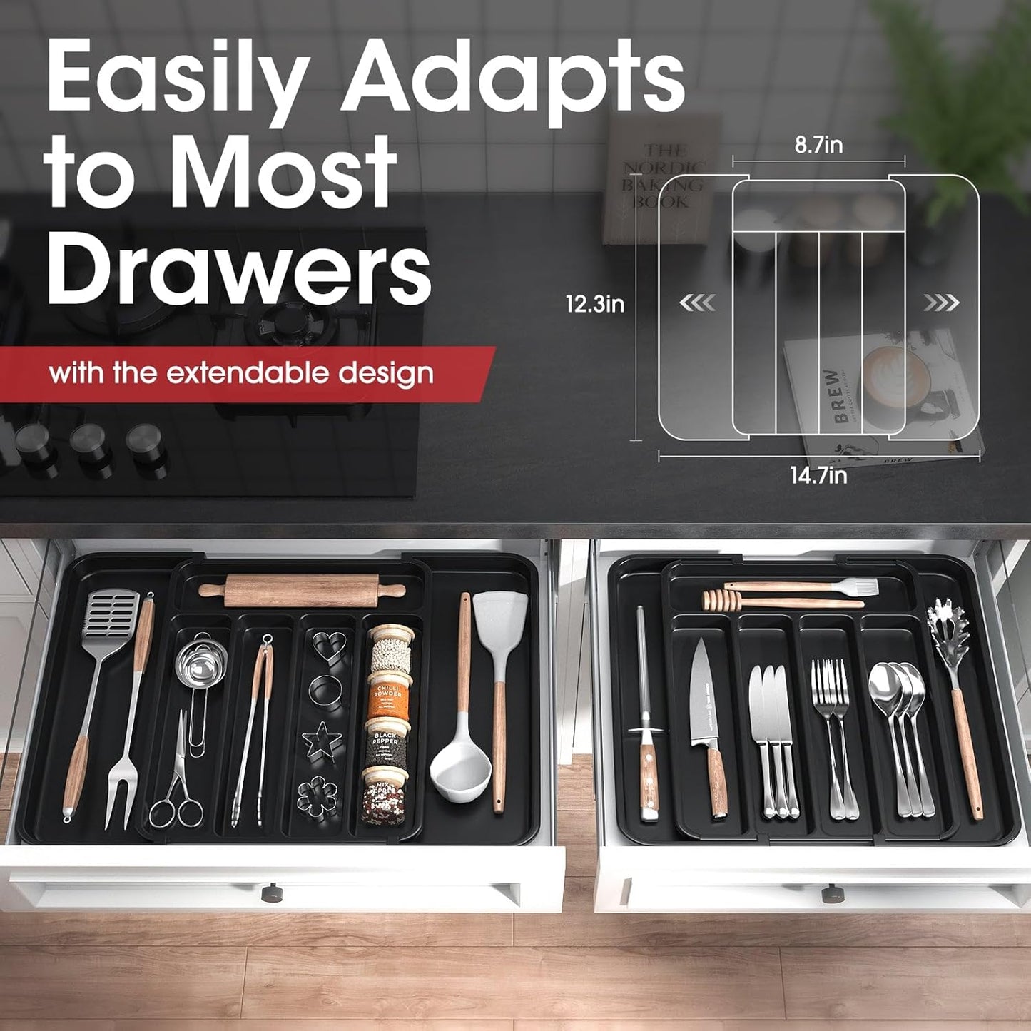 Aujen Silverware Organizer - Expandable Kitchen Drawer Organizer, Adjustable Utensil Organizer, Cutlery Tray for Forks, Knives, Multipurpose Kitchen Organizers and Storage Solution, Black, Medium