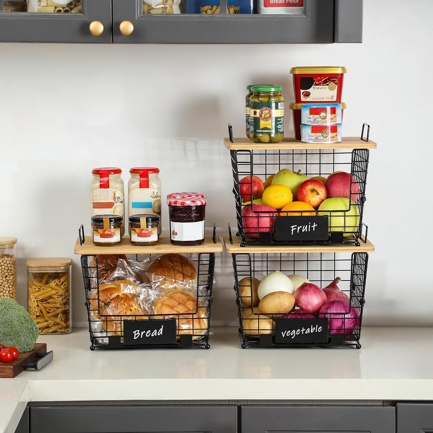 2 Set Large Stackable Wire Basket with Bamboo Tops & Tag- Pantry Organizer and Storage Bins, Kitchen Counter Cabinet Shelf Countertop Under Sink Organizing for Food Snack Produce Onion Potato Bread