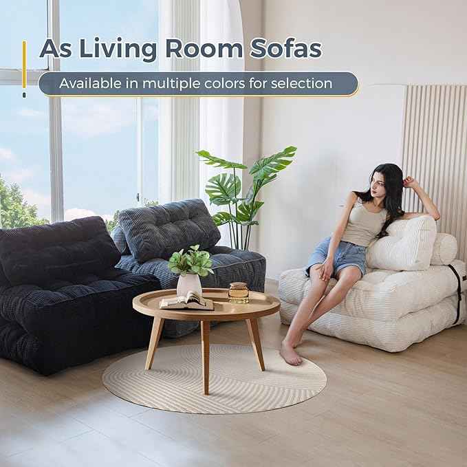 MAXYOYO Folding Sofa Bed, Convertible Sleeper Chair with Pillow Foldable Mattress with Back Support, Portable Fold Out Chair Bed Comfy Floor Sofa Lounge for Living Room Bedroom, Beige, Single