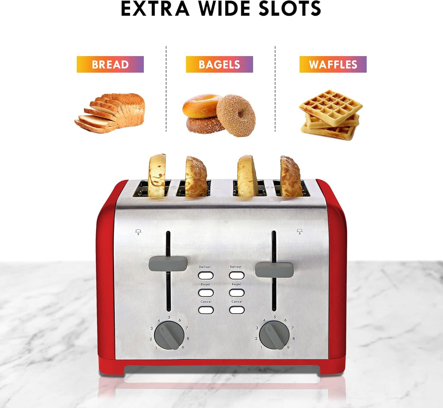 Kenmore Toaster 4 Slice - Extra Wide Slot Countertop Kitchen Appliance, Defrost Function, Grille-Pain, 9 Shade Settings, Compact Design, Easy Clean Crumb Tray, Bread Bagel, Stainless Steel & Red