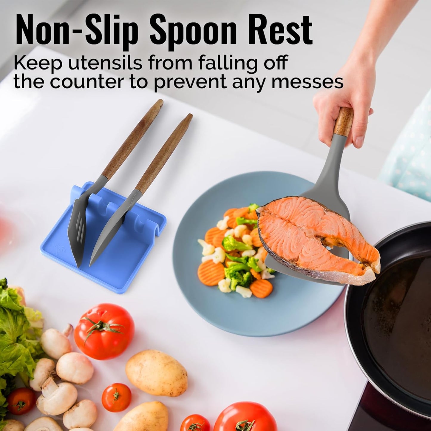 Zulay Kitchen Silicone Utensil Rest with Drip Pad for Multiple Utensils - BPA-Free, Heat-Resistant Spoon Rest & Spoon Holder for Stove Top - Kitchen Utensil Holder for Ladles & Tongs - Periwinkle