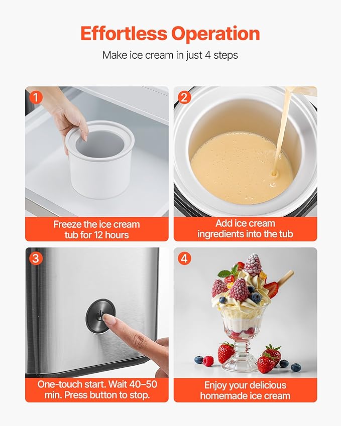 VEVOR Ice Cream Maker, 2.11 Qt. Large Capacity, Electric Automatic Ice-Cream Machine, with Easy Operation & Cleaning, Stainless Steel Shell, for Homemade Frozen Yogurt, Fruit Sorbet, Gelato, Silver