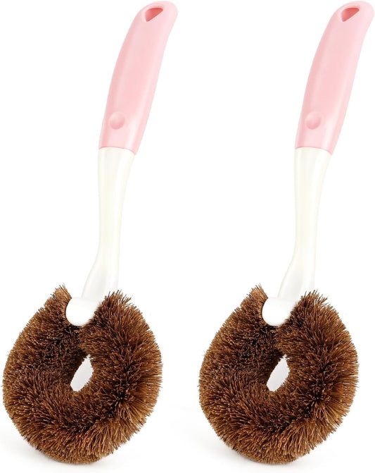 2 Pack Kitchen Scrub Brushes for Cleaning Dish Brush with Handle for Pans, Pots, Kitchen Sink Cleaning Scrub Brushes (Coconut Fiber)